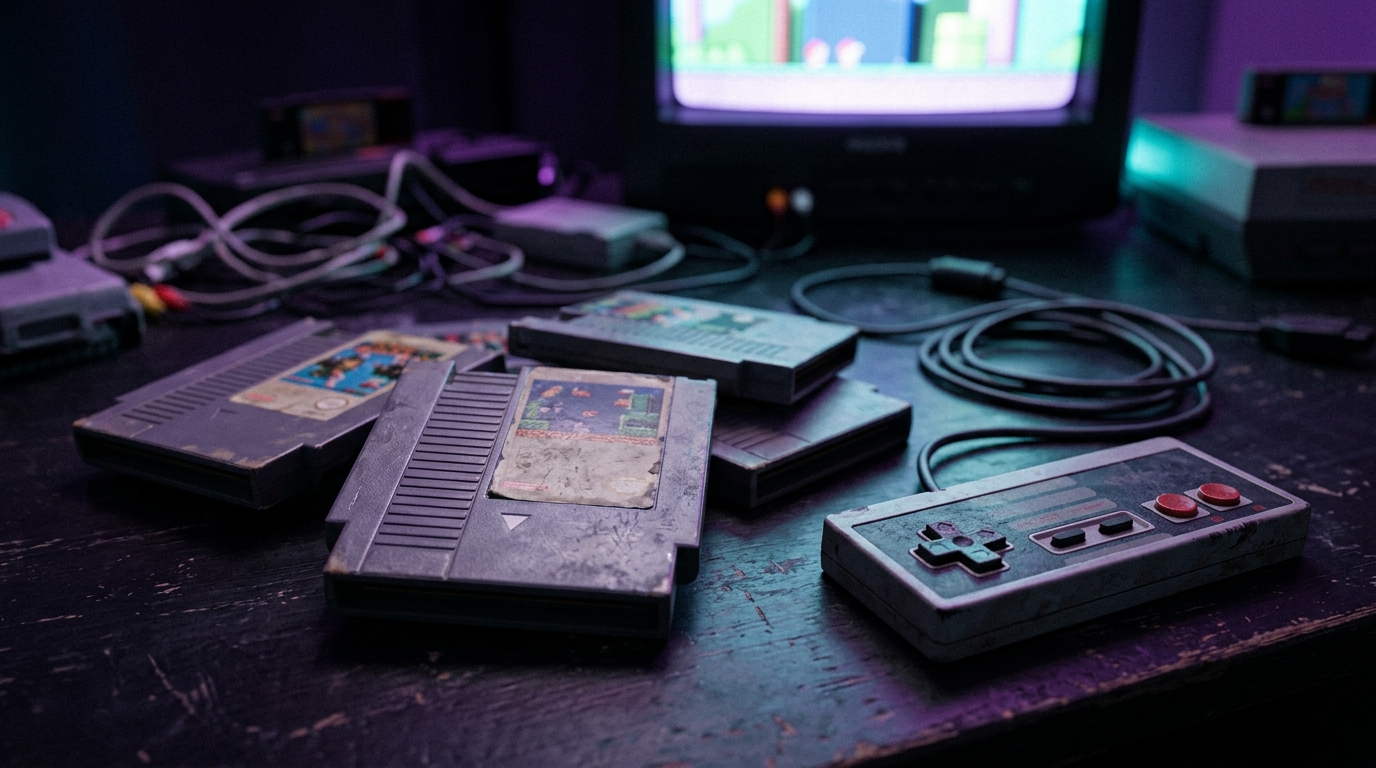 Classic game cartridges and retro controller representing old-school gaming nostalgia
