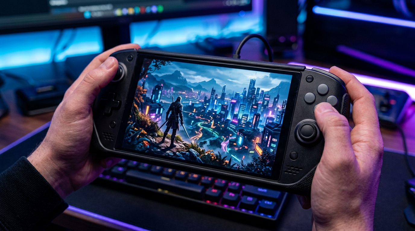 Close-up of a handheld gaming device used for portable PC gaming