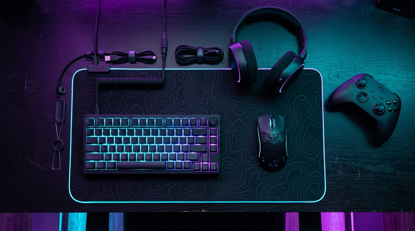 Gaming accessories including mouse keyboard headset and controller for setup upgrades