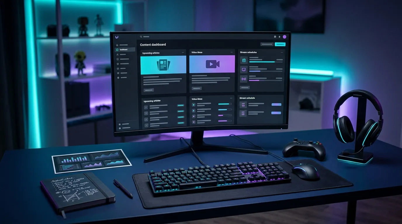 Gaming content planning workspace with monitor controller headset and neon lighting