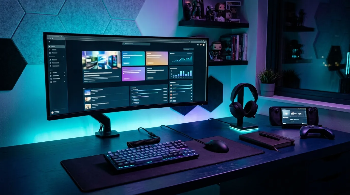 Gaming content workspace with monitor controller headset keyboard and neon lighting
