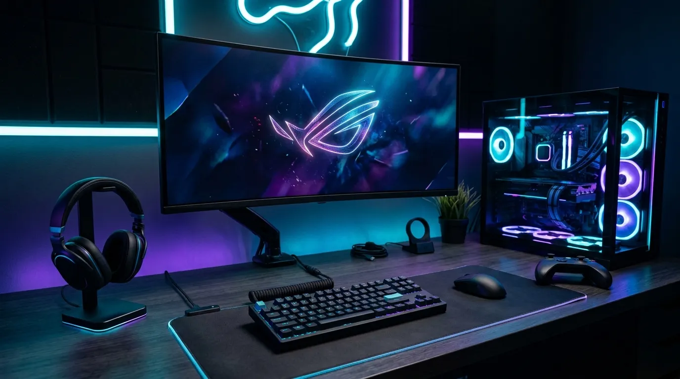 Gaming gear setup with keyboard mouse headset controller and RGB PC