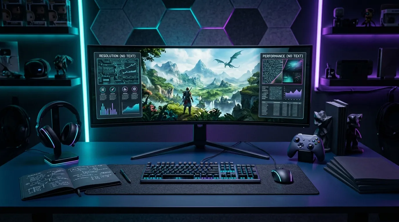 Gaming review desk setup with monitor controller headset and neon lighting