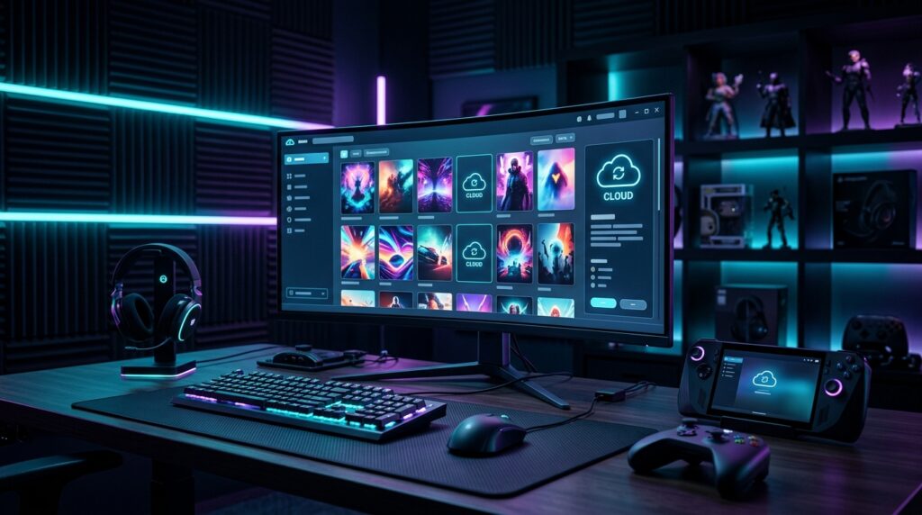 Gaming setup with digital library and cloud gaming theme representing Game Pass versus owning games