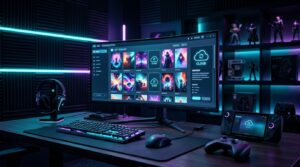 Gaming setup with digital library and cloud gaming theme representing Game Pass versus owning games