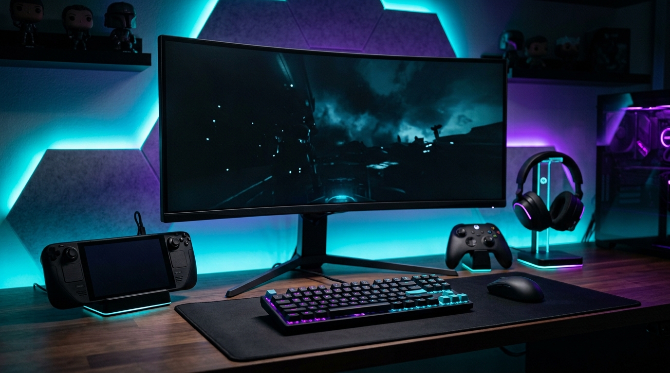 Handheld gaming PC docked beside a monitor in a modern gaming setup