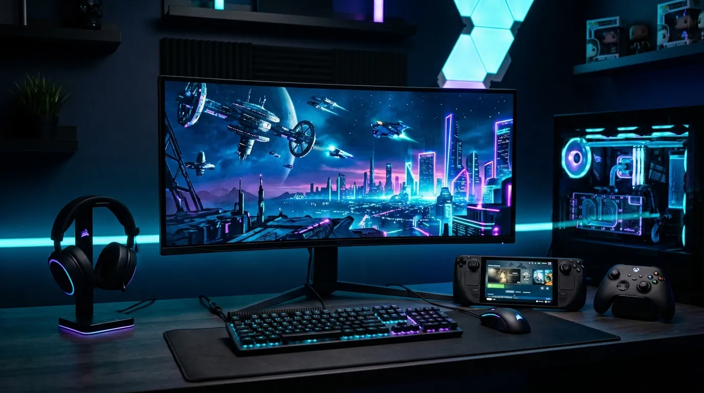 Modern PC gaming setup with monitor handheld device controller and neon lighting