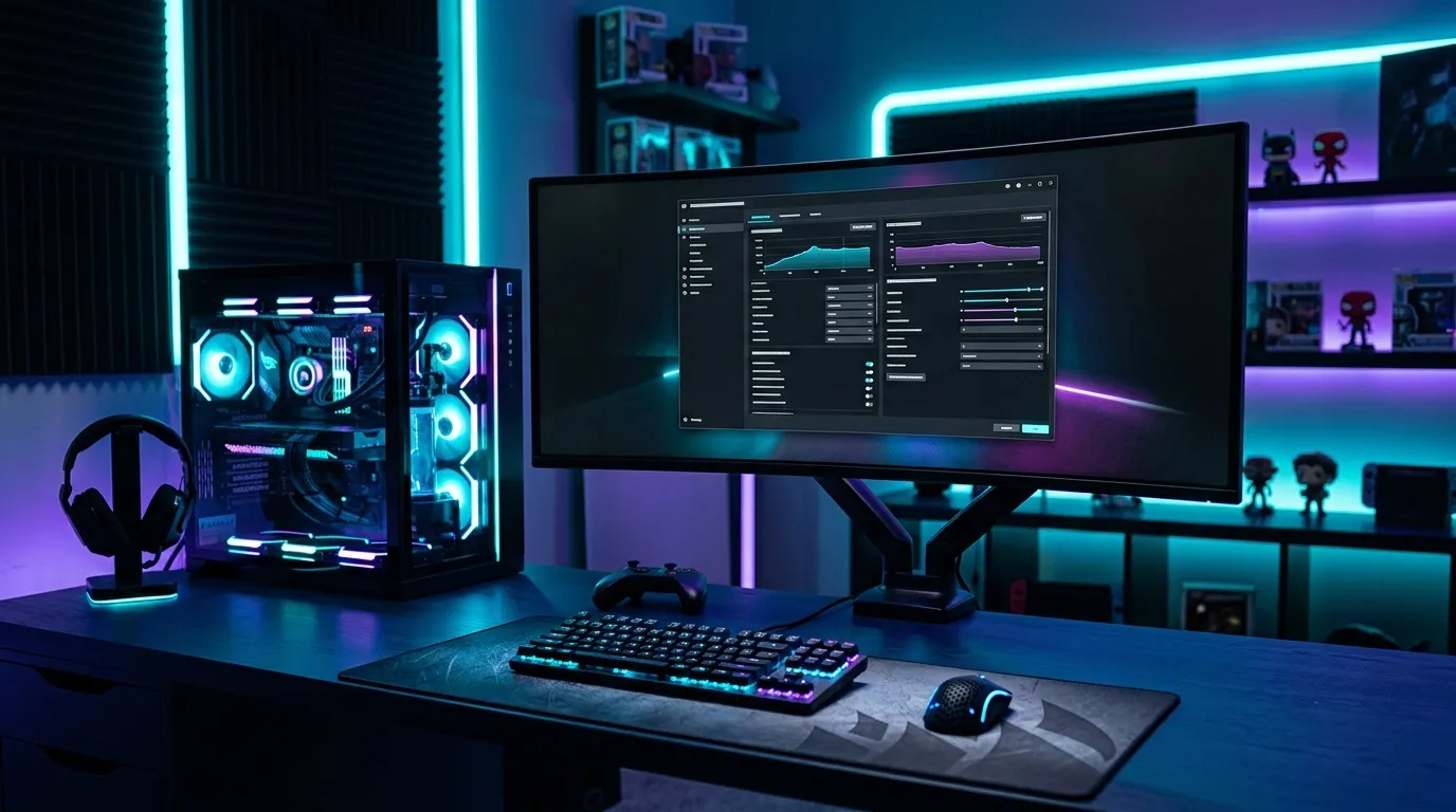 Modern PC gaming setup with performance settings monitor keyboard mouse and neon lighting
