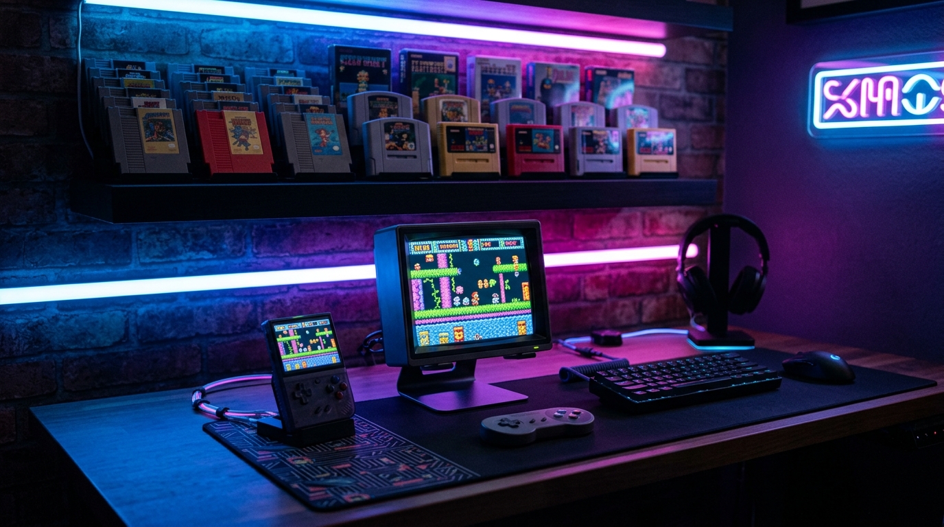 Modern retro gaming station with handheld device and classic game collection