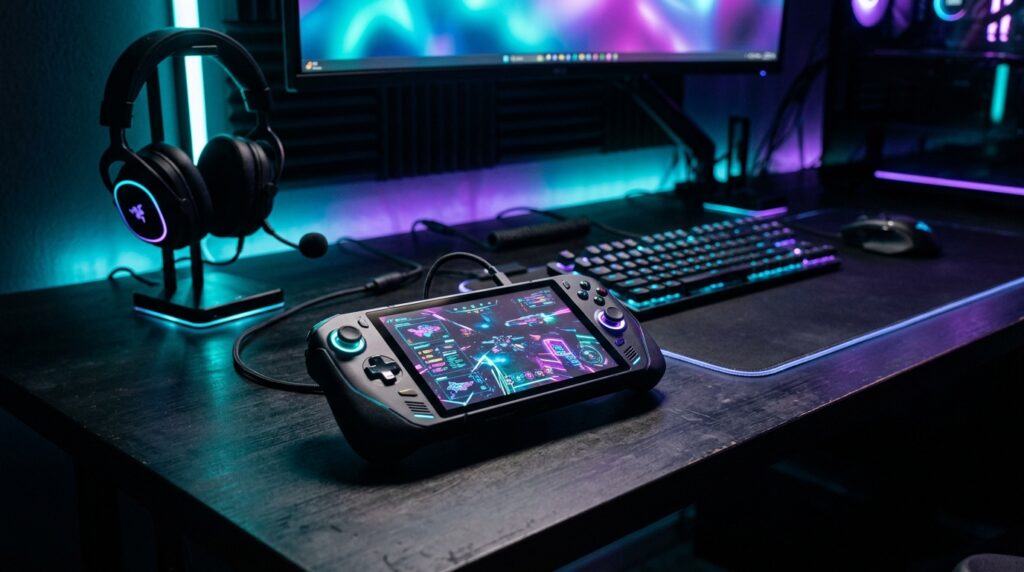 Portable handheld gaming PC on a neon gaming desk representing handheld gaming in 2026