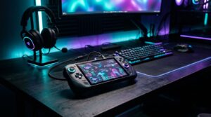 Portable handheld gaming PC on a neon gaming desk representing handheld gaming in 2026