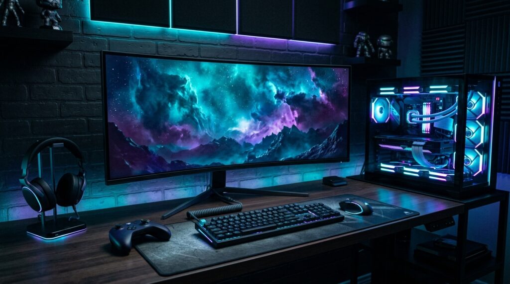 Premium gaming setup with monitor keyboard mouse headset and RGB PC representing gaming gear upgrades