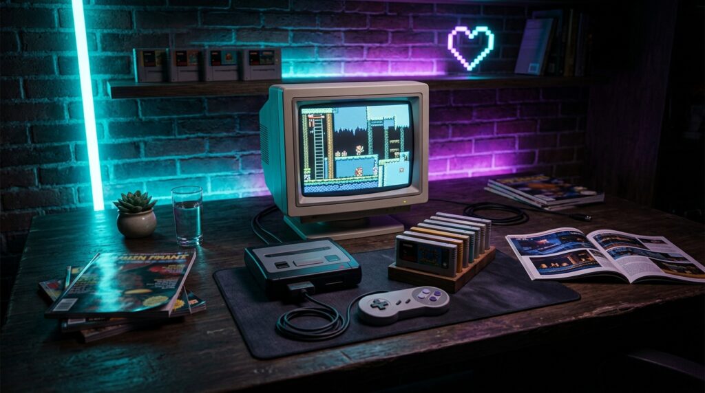Retro gaming setup with classic controller cartridges and neon gaming lighting