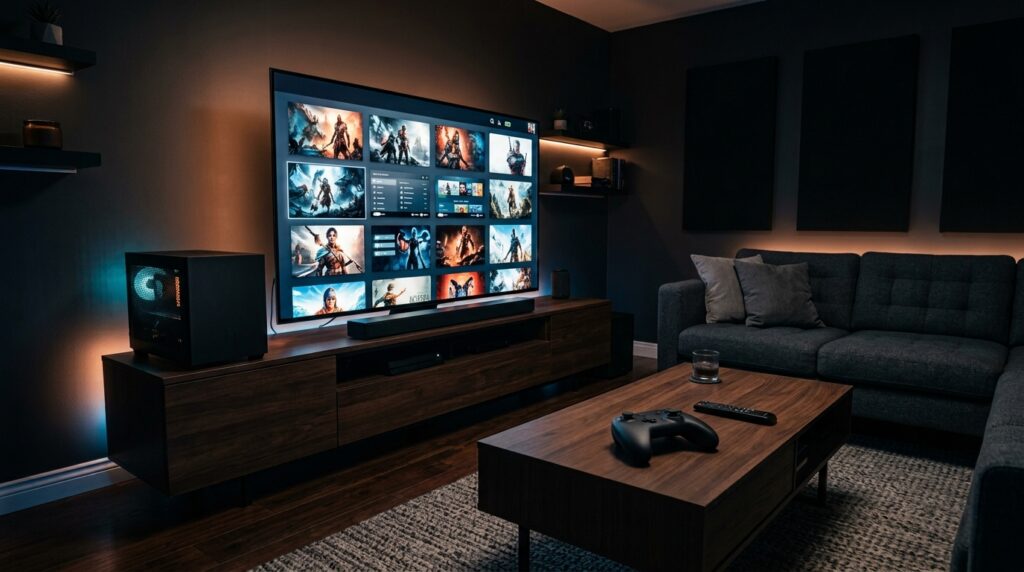 Steam Machine 2026 living room PC gaming setup